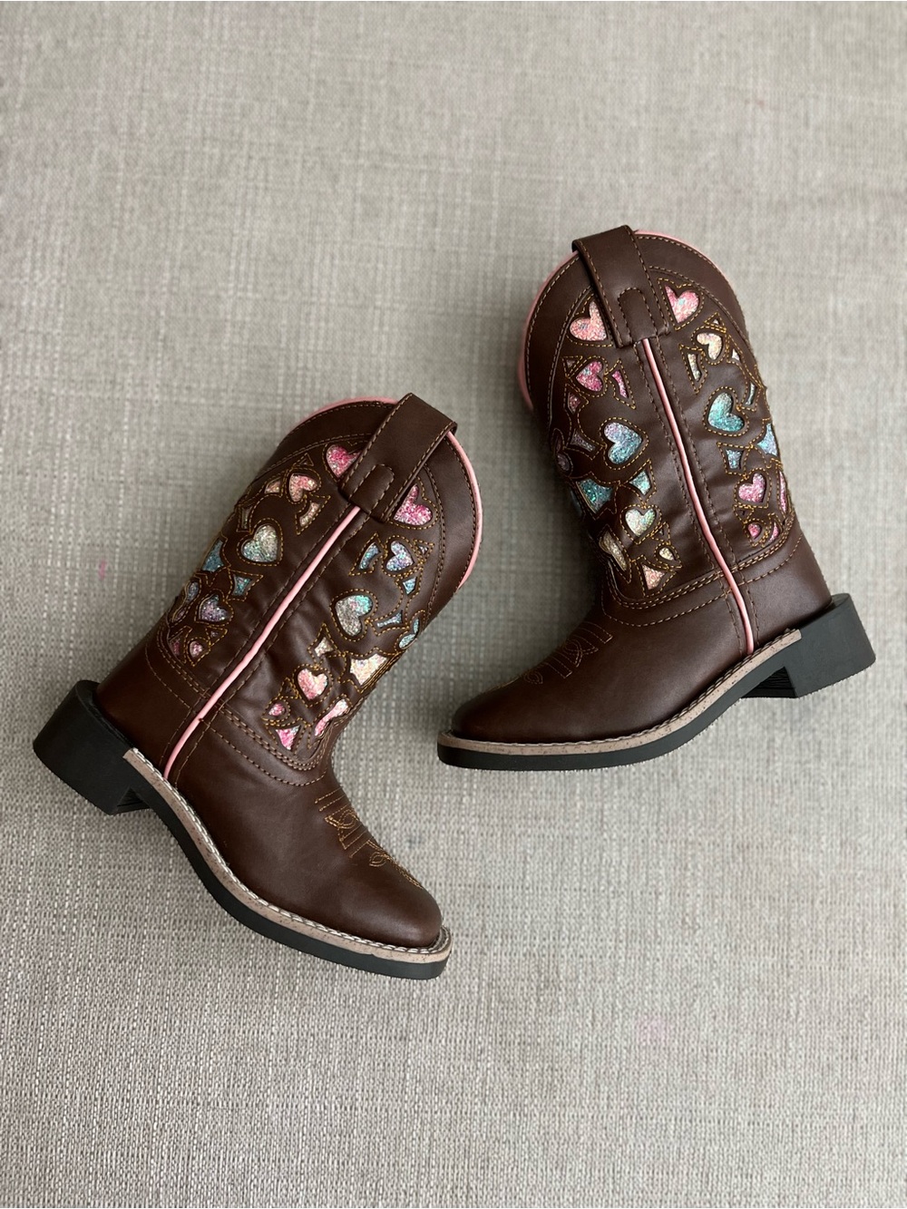 Shyanne Girls Brown Leather Western Boots Mi Amor Glitter Inlay Square Toe US 9